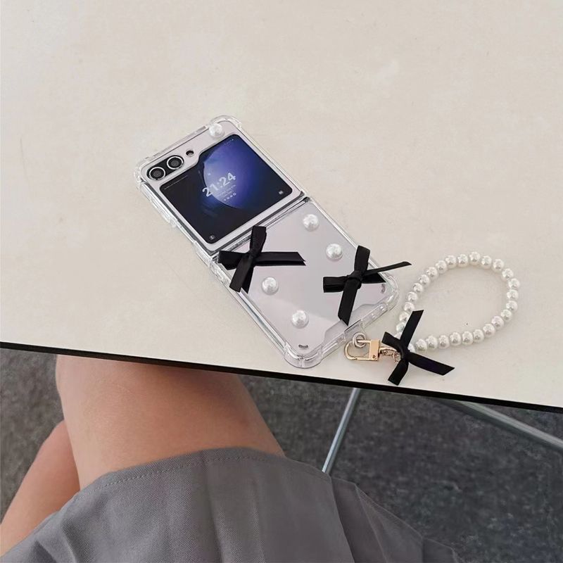 For Samsung Galaxy Z Flip 3 4 5 5G Flip4 Cute Girl Flower Pearl Wrist Chain Strap Mirror Phone Case Cover_voghion.com