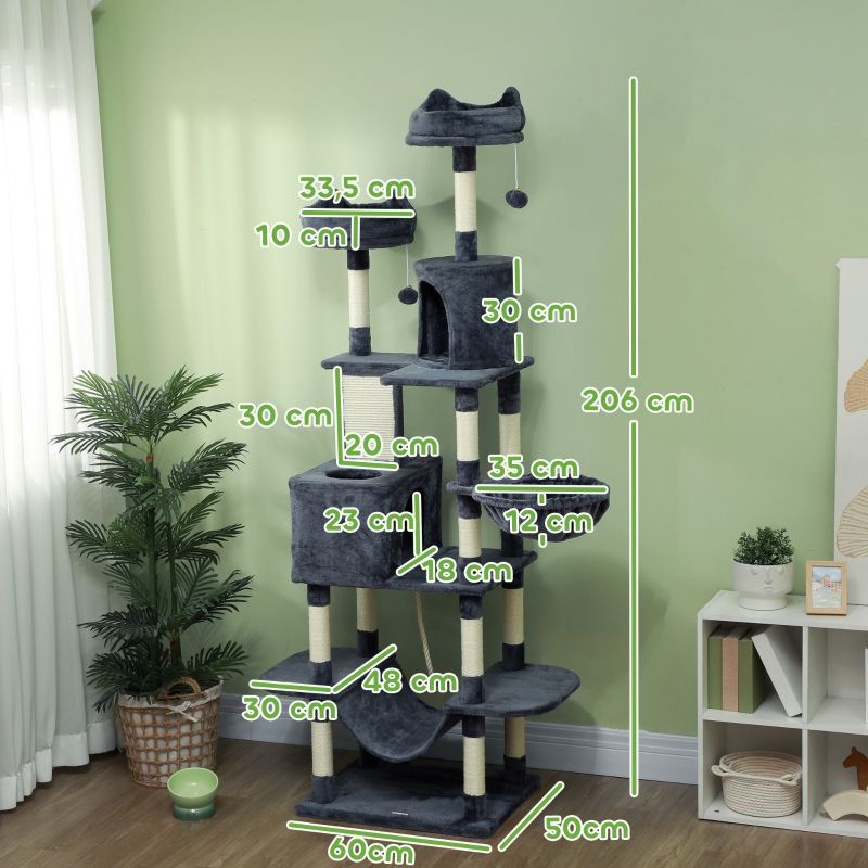 Kratzbaum 206cm Katzenturm Mit Höhle, Spielballen, Sisalstämme, Dunkelgrau_voghion.com