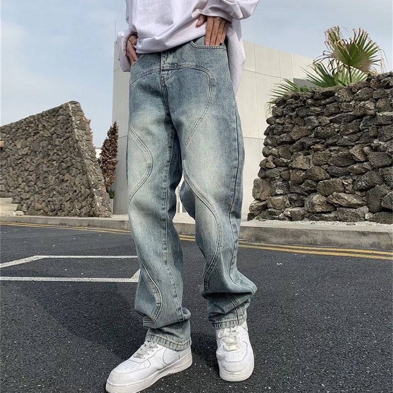 Pantalones largos nostálgicos de calle, corte holgado y ajustado, pies pequeños, jeans azules INS, hombres de moda_voghion.com