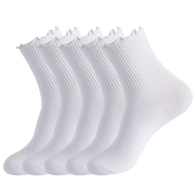 Calzini da donna Calzini alla caviglia plissettati da donna Calzini autunnali invernali in cotone con pizzo alle orecchie in legno Calzini a tubo medio da donna in tinta unita_voghion.com