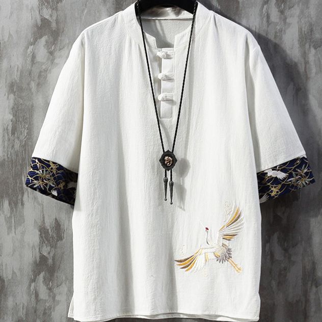 Sommer-T-Shirt im chinesischen Stil mit Kranich-Stickerei, Fünf-in-einem-Ärmel, V-Ausschnitt, Pfannenschnalle, dünn, für Herren, lässig, locker, groß_voghion.com