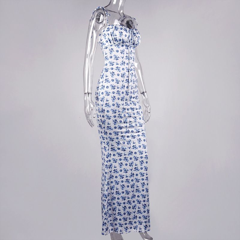 Women's Clothing Floral Pleated Backless Lace Up Suspender Long Skirt Hip Wrapped Fishtail Skirt European Size Is Larger_voghion.com