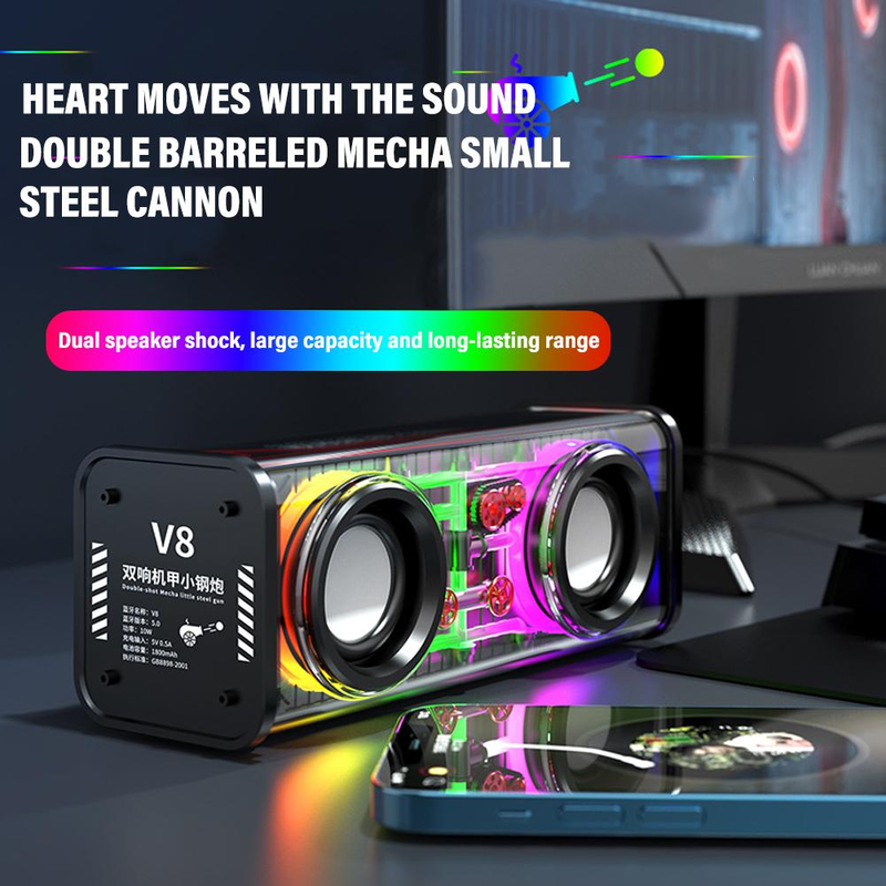 V8 läpinäkyvä Mecha Bluetooth-kaiutin Double Sound RGB Outdoor Sports Kannettava subwoofer Langaton Bluetooth Bass Audio Kaiutin_voghion.com