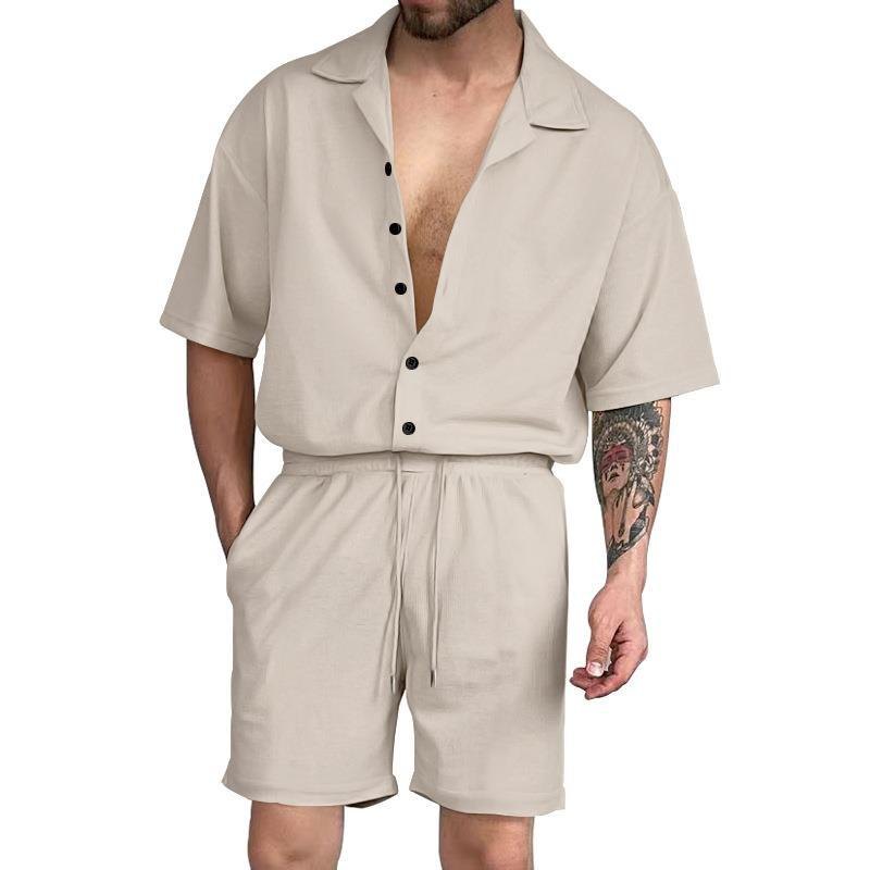Sommeranzug, lässiges Revers, einfarbiges Hemd, Strickjacke mit Knöpfen, Kurzarm-Shorts-Set, Herren_voghion.com