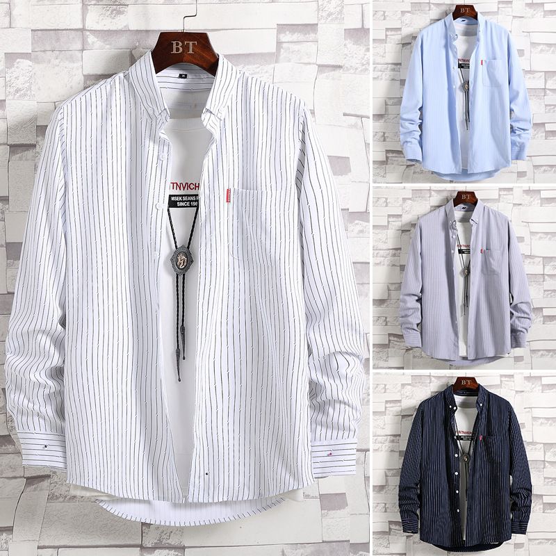 Kleidung Frühling und Herbst gestreifte Herren Langarm koreanische dünne Jugend Oberbekleidung japanische lose Freizeithemdjacke_voghion.com