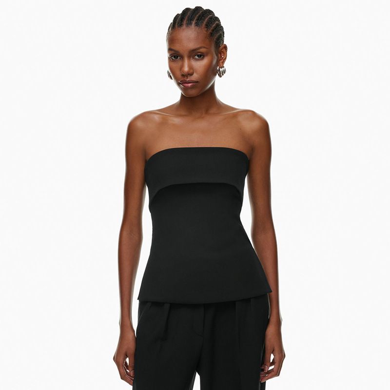 Women's Summer New Style Strapless Backless Slim Fit Slit Solid Color Casual Collar T-shirt Top_voghion.com