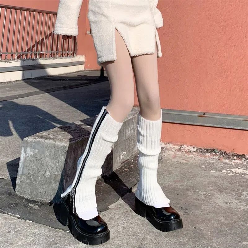 Woolen Sock Spicy Girls, Autumn And Winter Women's New Long Leg Sleeves, JK Warm Solid Color Versatile Knitted Zipper_voghion.com