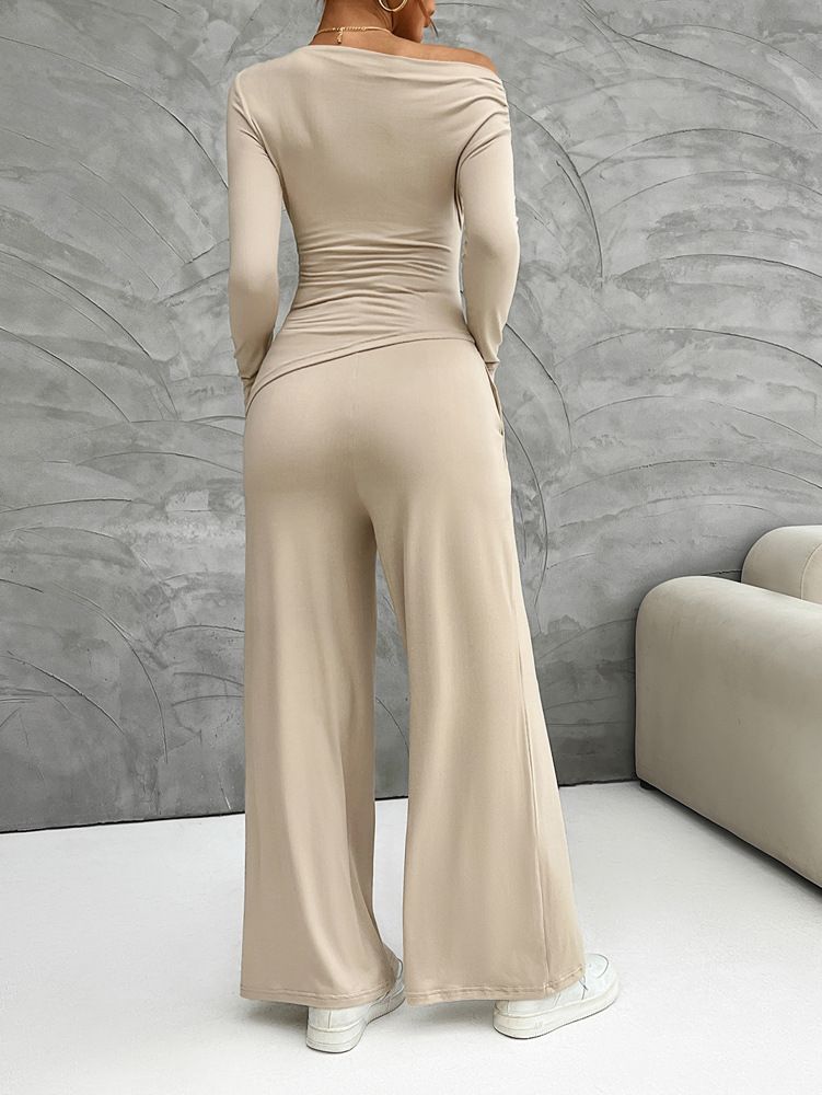 Y2K Damen-Set – Schmales Langarm-Oberteil & Hose mit weitem Bein (S-XL, Schwarz/Dunkelgrau/Khaki/Weinrot/Dunkelgrün/Braun/Dunkelblau)_voghion.com