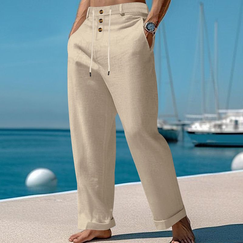 Pantaloni casual da spiaggia a vita alta con spalline dritte in cotone e lino, nuovi alla moda per uomo, primavera e autunno_voghion.com