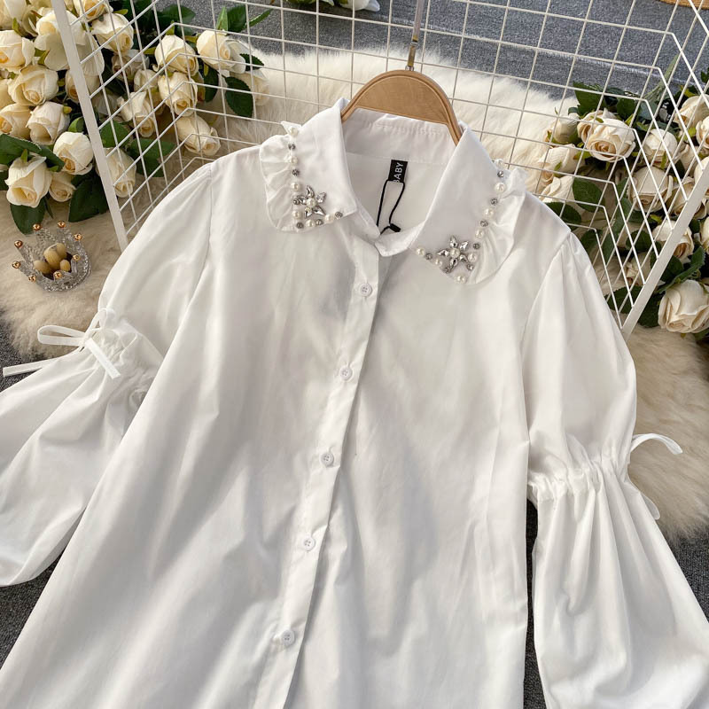 Sieviešu modes krekls ar pufām piedurknēm, augšējais bārkstis pērļu pavadas veste divdaļīgs komplekts_voghion.com