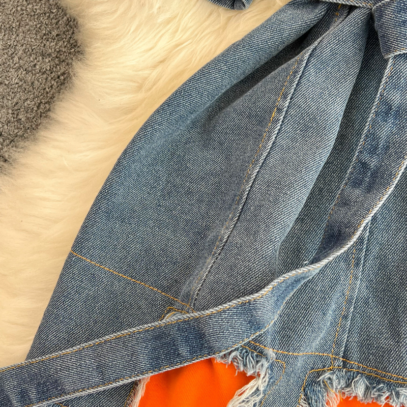 Taille Tailliert Rundhals Color Block Jeanshemd Chic Casual Mittellang_voghion.com
