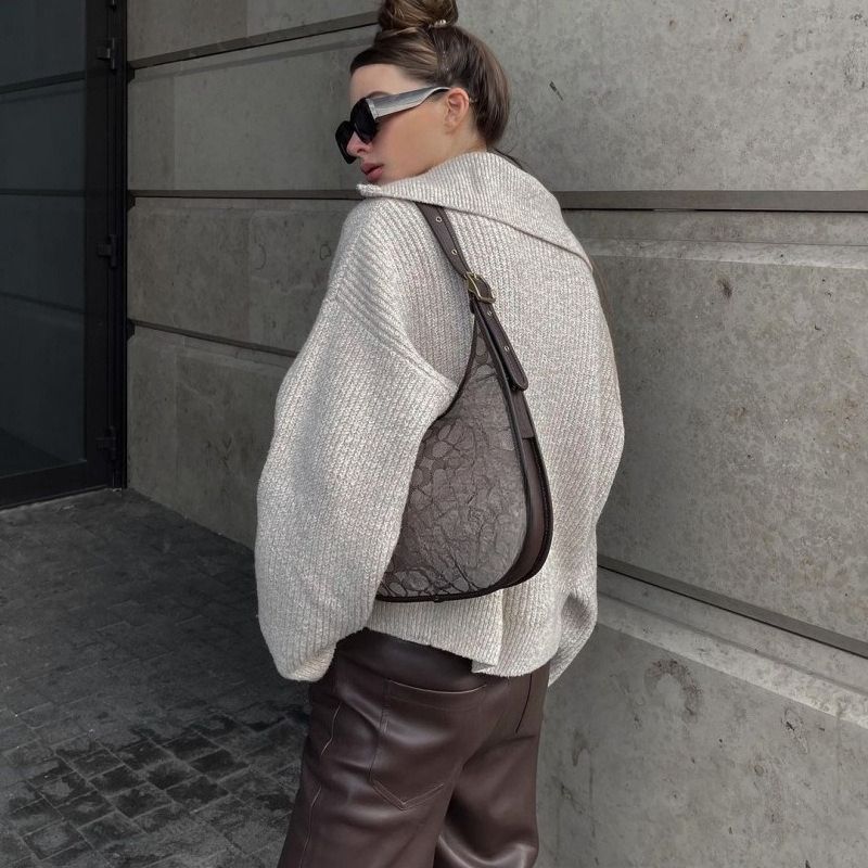 K Nouveau haut rétro à manches longues avec un design ample et un pull à col en V pour femme_voghion.com