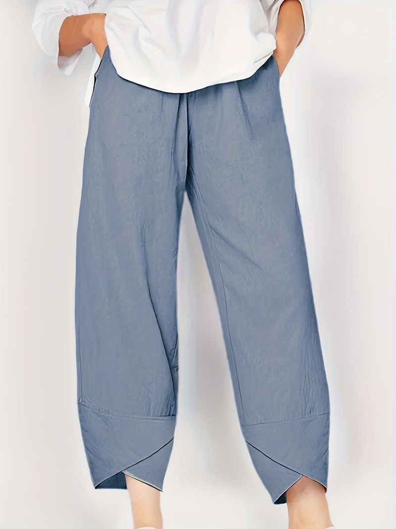 Pantaloni larghi alla moda da donna, casual, larghi, in cotone e lino, con elastico in vita, a nove punte_voghion.com