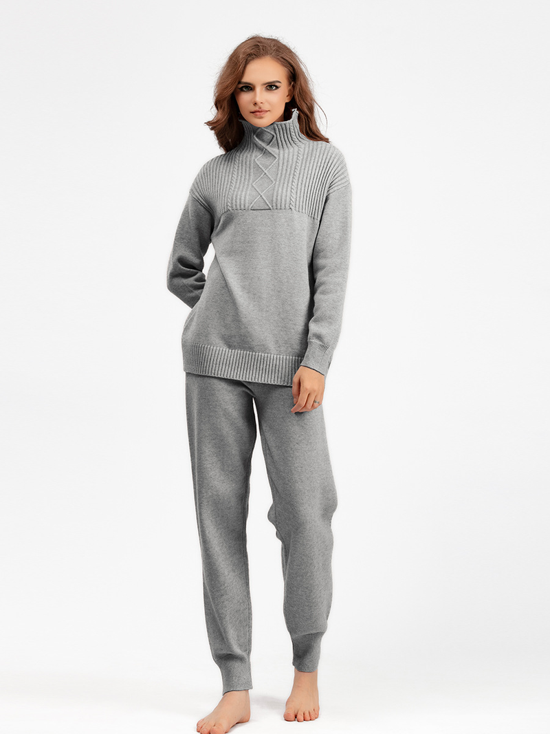 Ensemble de pantalons tricotés doux et polyvalents pour femmes, col mi-haut, pull ample décontracté, vent doux_voghion.com