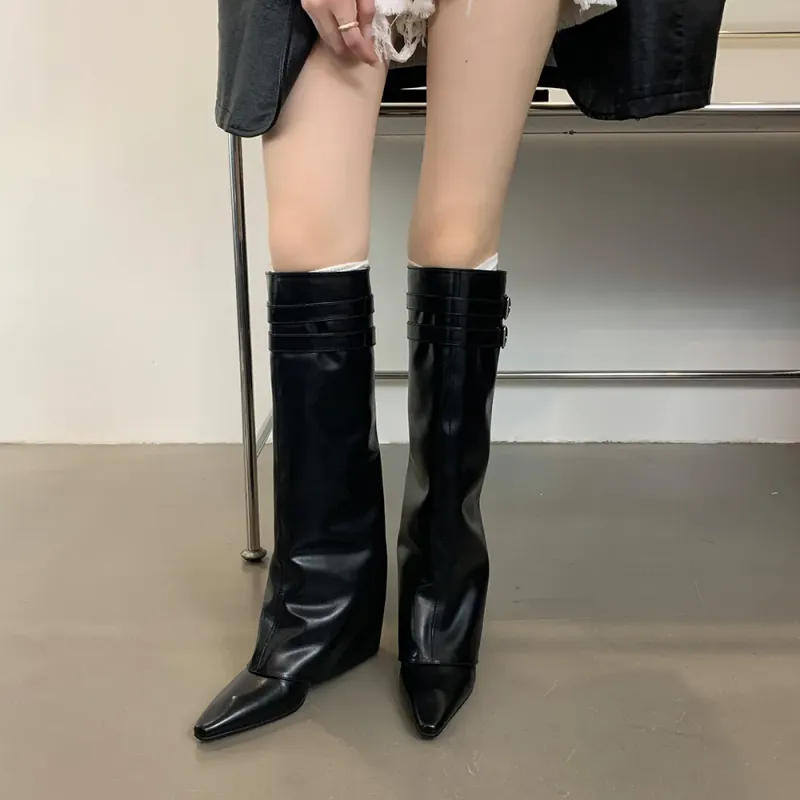 Spitzschuh Damen Winterstiefel Keil High Heels Gürtelschnalle Schwarz Braun PU Leder Botas Fashion Abendschuhe Frau 39_voghion.com