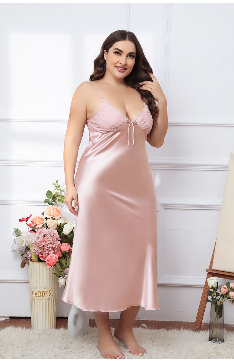 Langes Sommernachthemd aus Eisseide für Damen in Übergröße, Homewear im Hosenträgerstil, bequeme und schöne Koexistenz_voghion.com