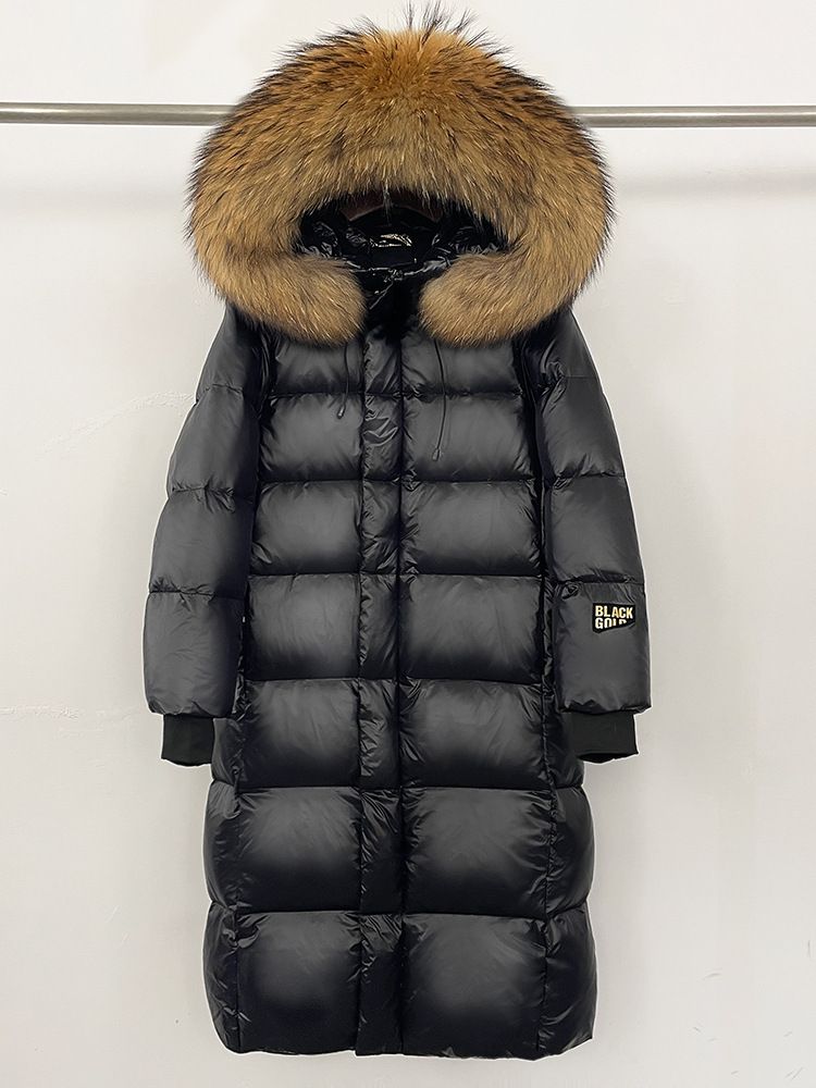 Luxus-Daunenmantel mit Fuchs-/Waschbärpelzkragen – Lange Winterjacke für Damen (Schwarz/Burgund/Creme, S-3XL)_voghion.com