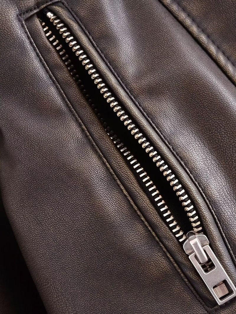 Damen-Bikerjacke aus Kunstleder – Slim Fit Kurzmantel mit Gürtel, V-Ausschnitt, langen Ärmeln (Weiß, Schwarz, Grau, Armeegrün, Dunkelbraun)_voghion.com
