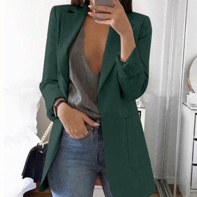 Vår og høst dameklær langermet ensfarget lomme cardigan liten blazer_voghion.com