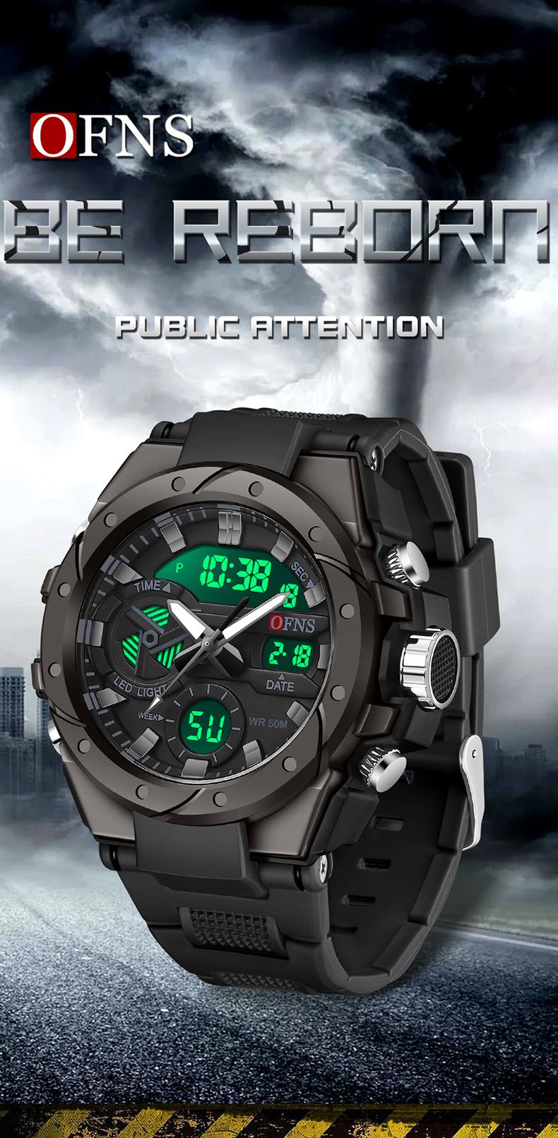 Men's Digital Sports Watch With Alarm, Night Light, Stopwatch, Waterproof 50M, Dual Display (Analog + Digital), Durable TPU Strap, Zinc Alloy Case_voghion.com
