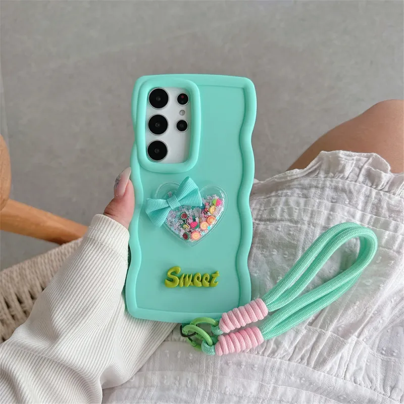 Séiss 3D Schleif Léift Häerz Uebst Lanyard Telefonshülle fir Samsung A15 A25 A35 A54 A55 A34 A14 A13 A53 Wave Candy Summer Cover_voghion.com