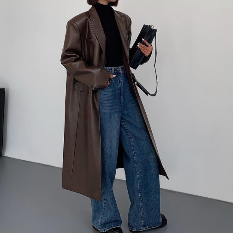 Cappotto casual da donna sopra il ginocchio in pelle pu_voghion.com