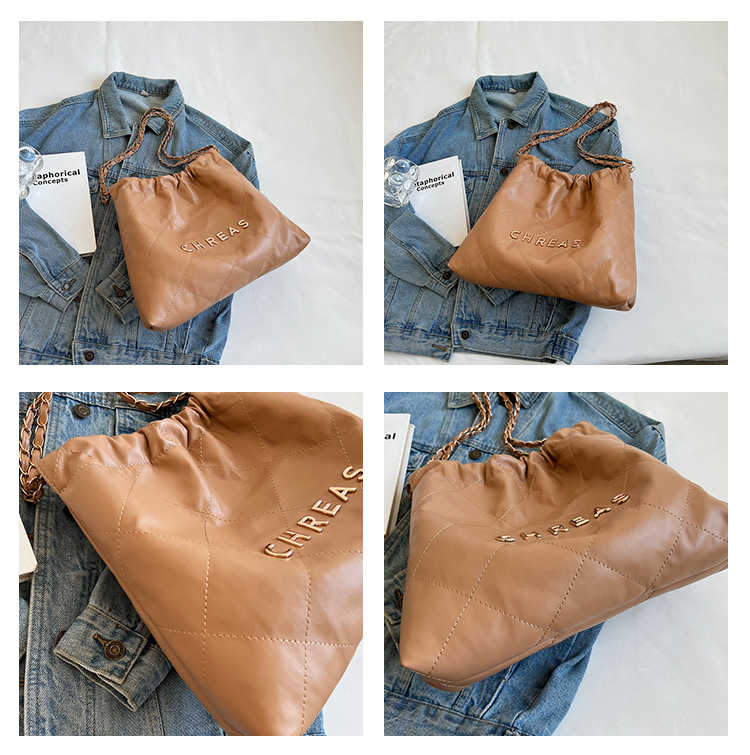 Sac à bandoulière rétro en fil à broder pour femmes, sac à grande capacité en pu, seau en treillis, sac à aisselles avec chaîne pliable, nouvelle collection_voghion.com