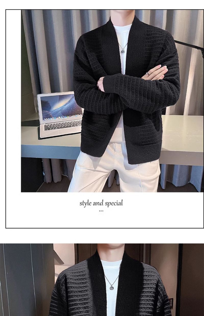 Herrenbekleidung Leichter Strickpullover im reifen Stil Große Strickjacke Strickjacke mit V-Ausschnitt – Britisch inspirierter Pullover mit offener Vorderseite für Herbst und Winter_voghion.com