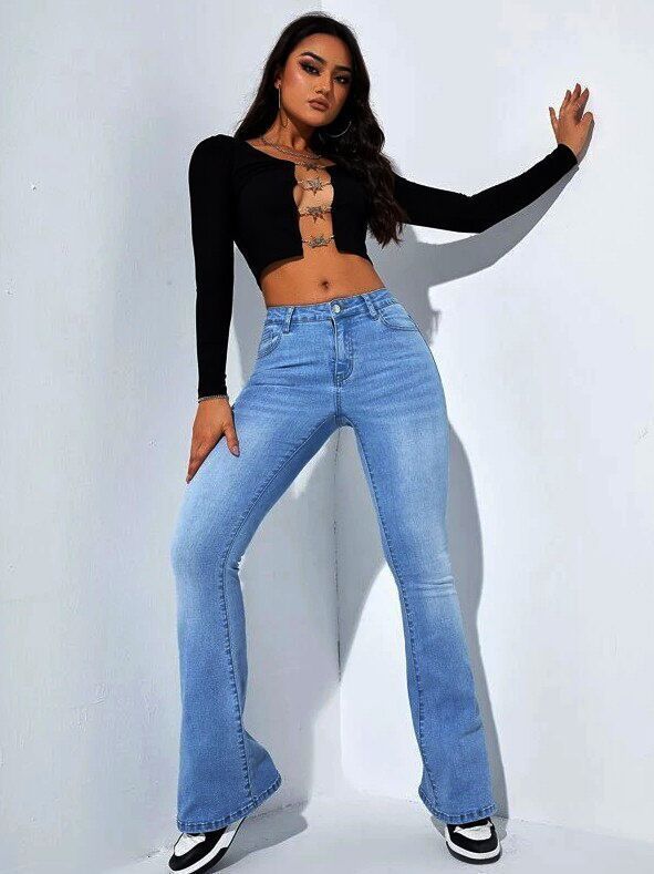 Abbigliamento da donna Jeans dritti a vita alta Pantaloni svasati elastici aderenti aderenti_voghion.com