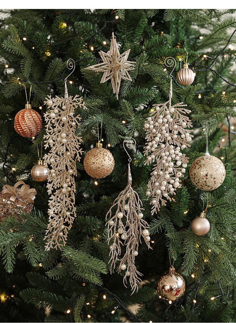 Ornements de Noël en forme de feuille de pin en plastique orné de perles couleur champagne doré – Décoration élégante et irrégulière à suspendre pour décorer votre sapin et votre intérieur pendant les fêtes._voghion.com