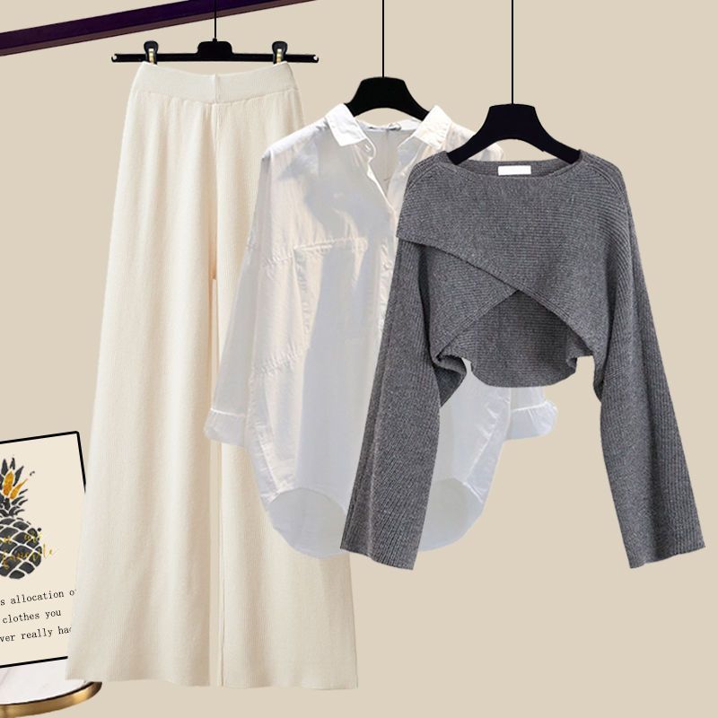 Women’s Clothing Fashion autumn suit women sweater women new large size women's shirt wide leg pants three piece knitted slim_voghion.com