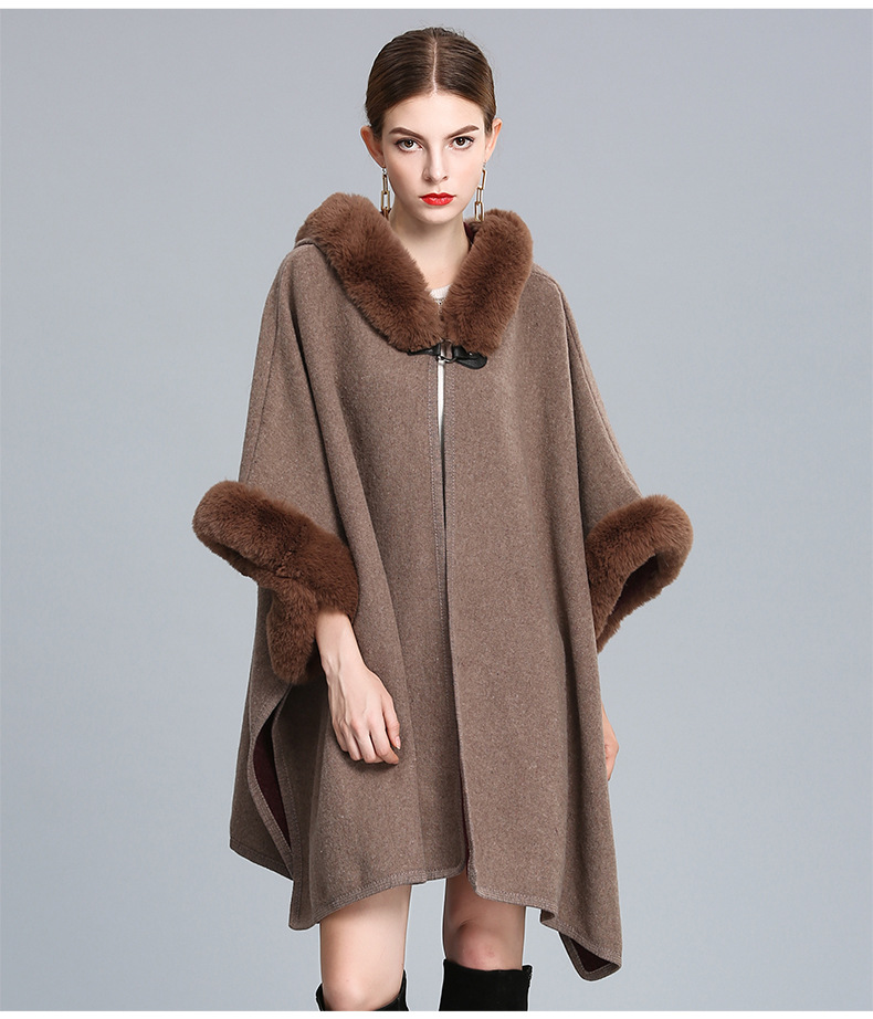Women's imitation Rex rabbit collar hooded shawl cape large size woolen coat loose cardigan_voghion.com