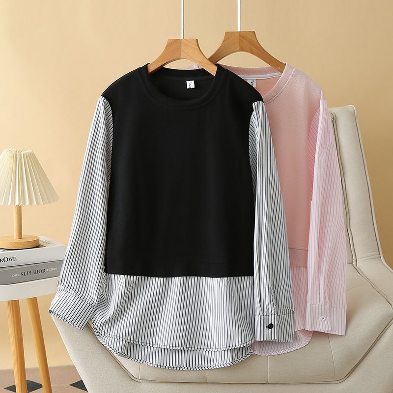 Women's Clothing Plus Size Clothes Long Sleeve Pullover – Striped Stitching & Loose Fit (XL-4XL, Black/Pink) – Comfortable Autumn Tunic Top_voghion.com