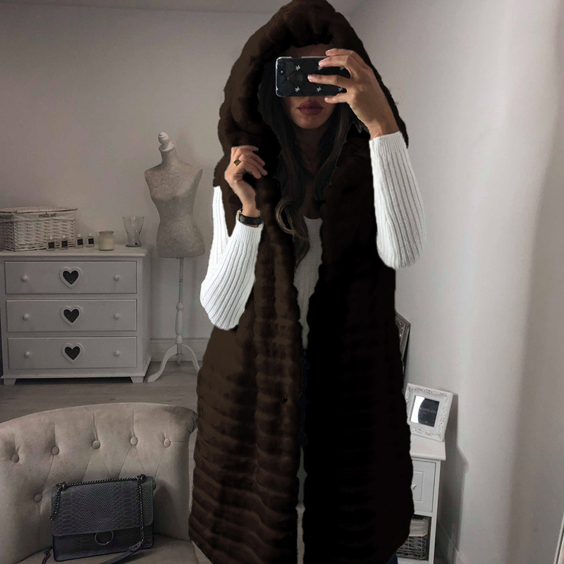 Cappotto con cappuccio in pelliccia imitazione pelliccia di coniglio di media lunghezza da donna_voghion.com