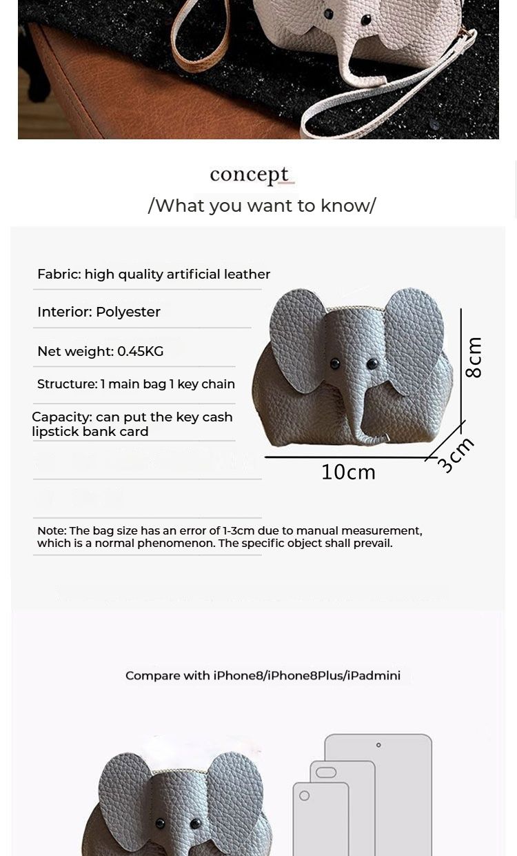 Wallet, Key Bag Creative Card Holder Leather Elephant Coin Purse Zipper Hand-held Lipstick Storage Bag_voghion.com