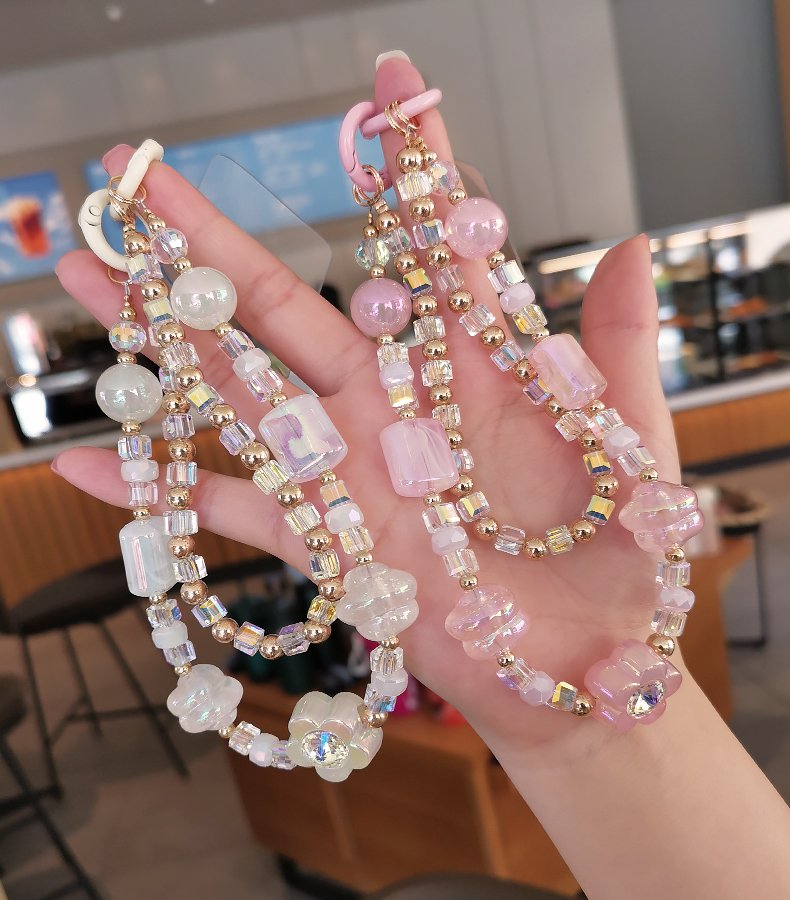 Mobile Phone Lanyard Short Handmad Wrist Bracelet Women's Clip Style Double Chain Crystal Beads Phone Case with Anti_voghion.com