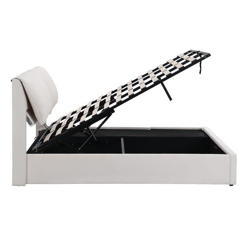 Cadre de lit coffre hydraulique rembourré en velours avec 3 tiroirs, sommier à lattes, beige, 180 x 200 cm, matelas non inclus_voghion.com