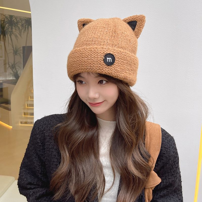 Cappello lavorato a maglia con orecchie di gatto da ragazza dei cartoni animati, carino, casual, versatile, in lana, con protezione per le orecchie in peluche e cappello caldo_voghion.com