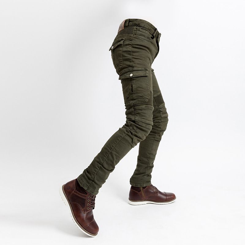 Pantalon de moto toutes saisons – Pantalon de travail en denim vert militaire et noir avec protection anti-rayures, coupe droite et coutures renforcées_voghion.com