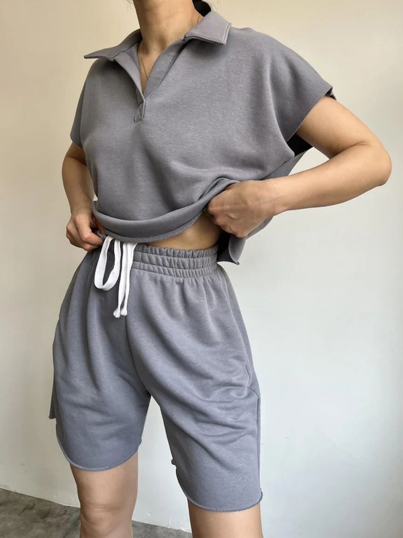 Streetwear Matching Set – Oversized Revers Top & Trekkoord Shorts 2-delig (Wit/Grijs/Zilver/Bruin/Zwart, S-XL) | Y2K Retro Lounge & Urban Outfit_voghion.com