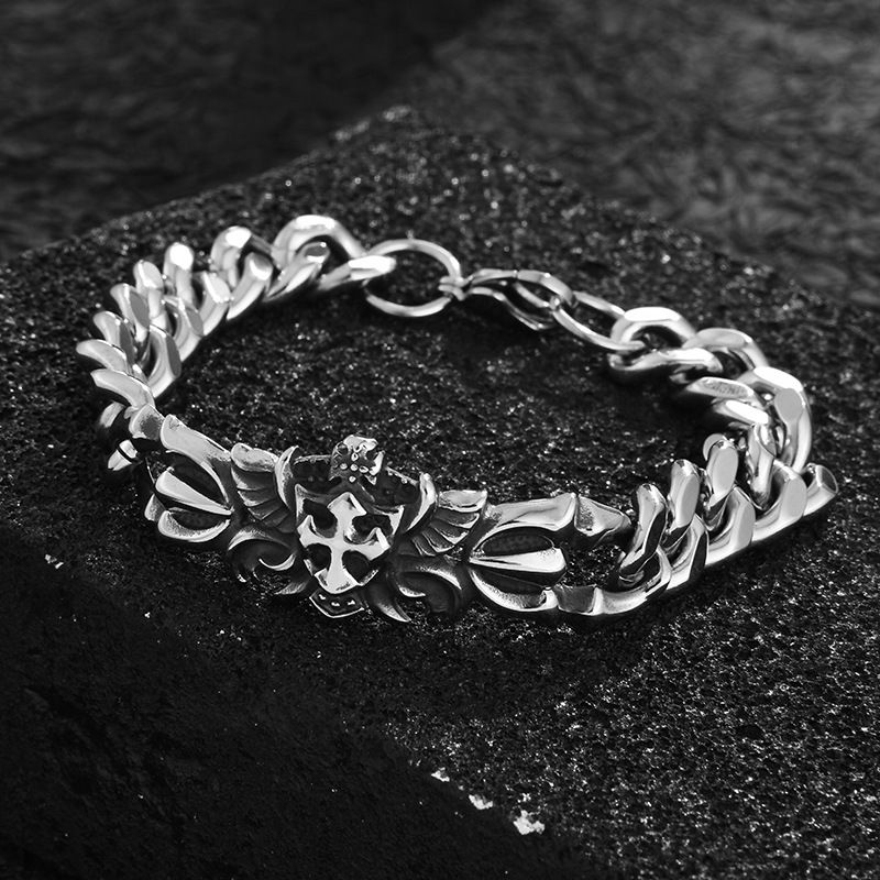 Bracciale da uomo alla moda in acciaio al titanio con croce, scudo, gioielli cubani, elementi geometrici_voghion.com