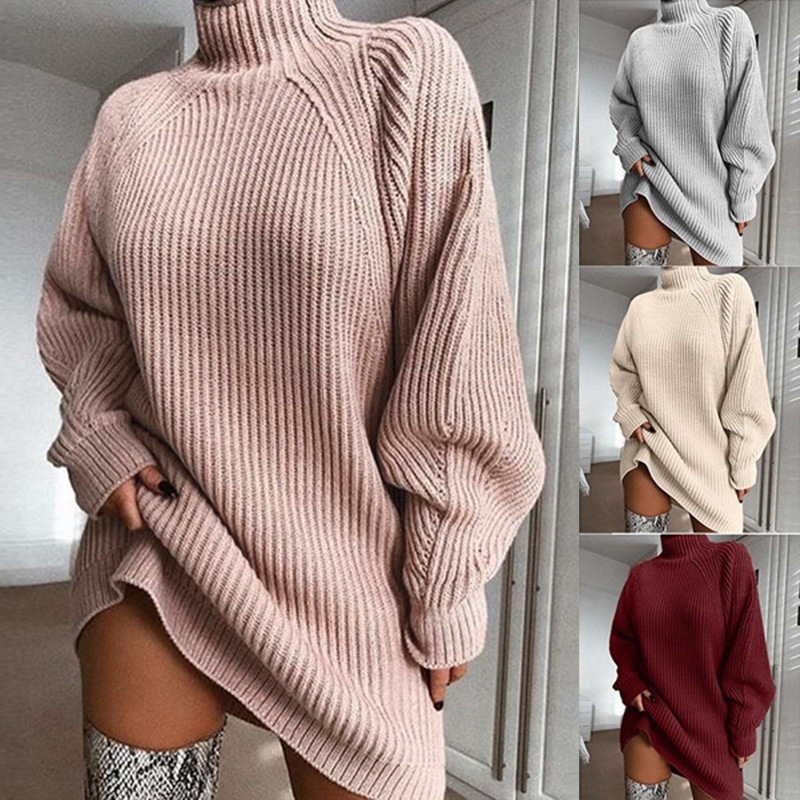 Autumn and Winter New Wish Knitted Sweater Solid Color Mid-Length Raglan Sleeve Half Turtleneck Sweater Dress for Women_voghion.com