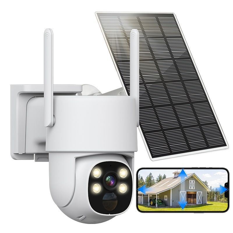 Solar Outdoor Security Camera , Spotlight Alarm, PIR Motion Detection, IP65 Waterproof, Night Vision, Gimbal, Rechargeable Battery, Outdoor Use_voghion.com