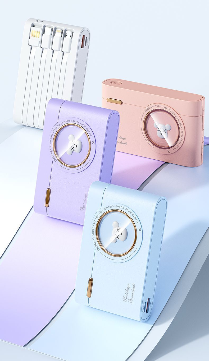 Kreative Cartoon Kamera Bank 20000mAh Mit Vier Kabel Tragbare Kompakte Universal Mobile Power Für Handys_voghion.com