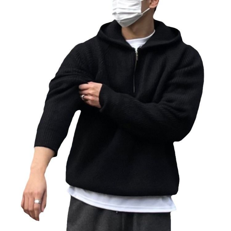 Autumn Hoodie Men's Half Zip Hooded Sweater Thick Knit Sweater Jacket_voghion.com