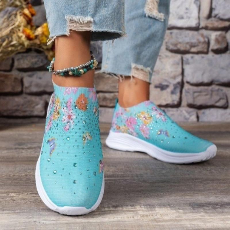 Sneakers slip-on da donna CMY con decorazioni in strass e stampa floreale e a farfalla - Scarpe da corsa traspiranti in maglia_voghion.com