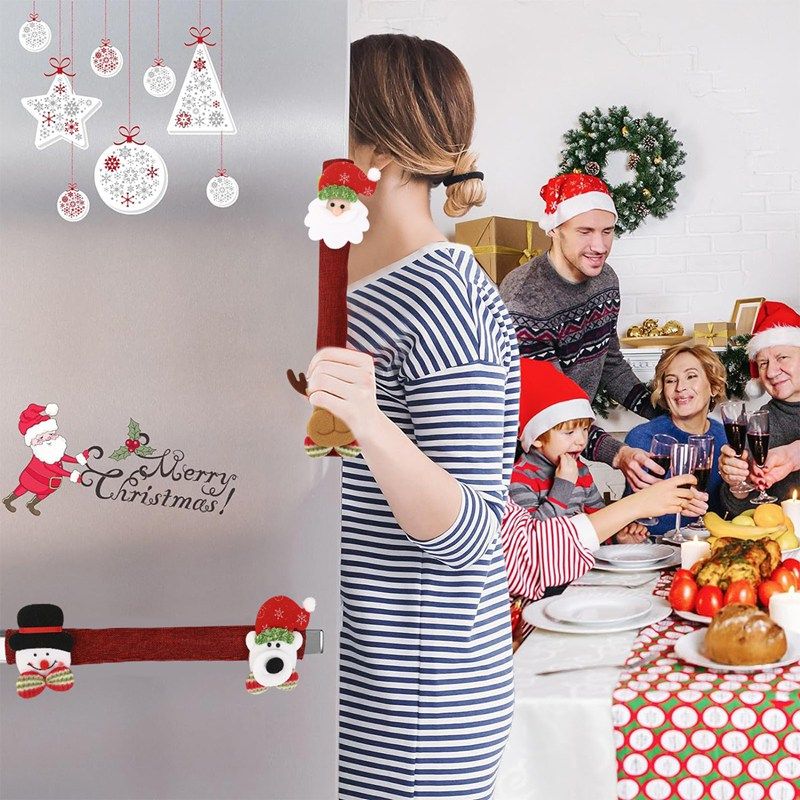 Housses de poignée de réfrigérateur en tissu pelucheux de Noël, décorations de Noël pour la maison 2024._voghion.com