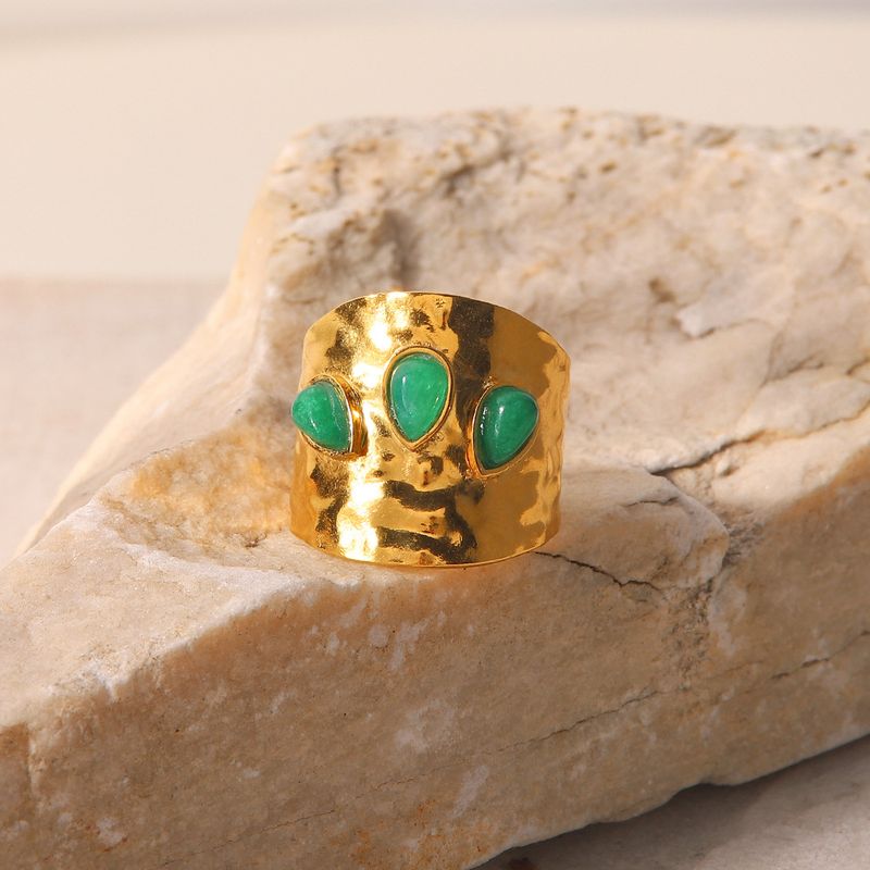 Instagram French niche design titanium with three irregular green natural stones exaggerated ring, stainless steel ring_voghion.com