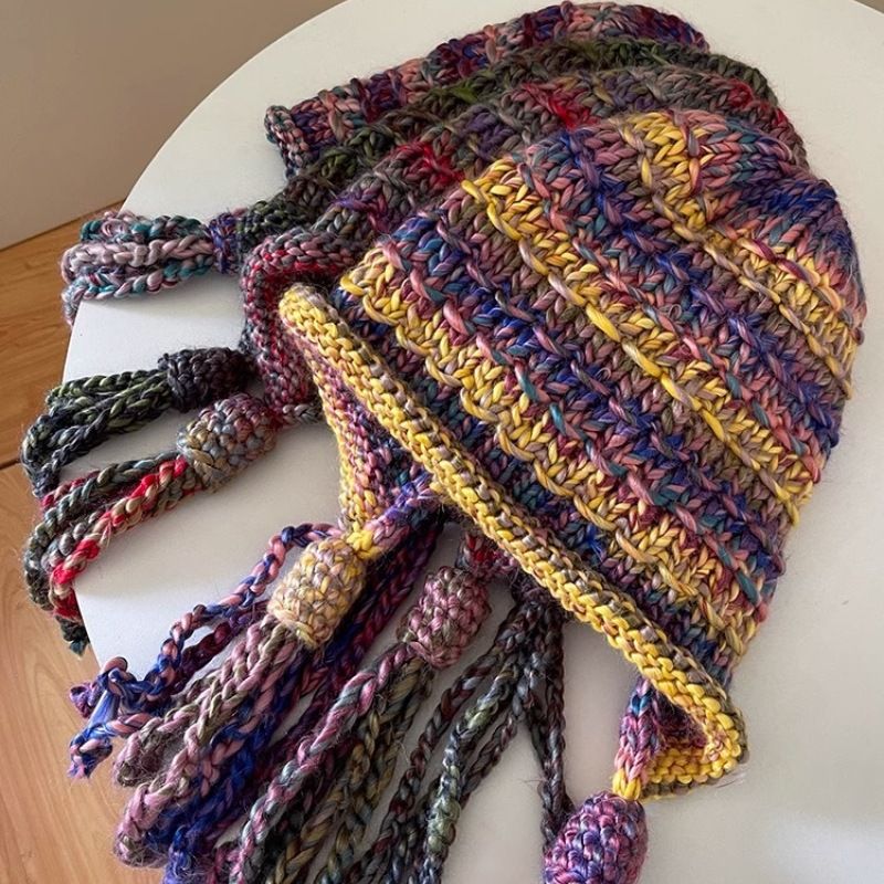 Hand wool Children's new winter color tassel Fried Dough Twists ear protection warmth Dopamine knitted hat tide_voghion.com