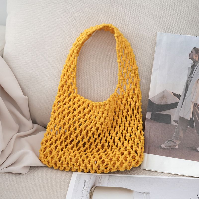 Borsa a mano in corda di cotone color caramella, intrecciata a mano, per donna, con rete traforata, borsa da polso per le vacanze in spiaggia_voghion.com